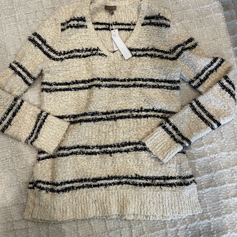 Lilla P Cozy Striped Sweater in Cream and Black size Medium NWT